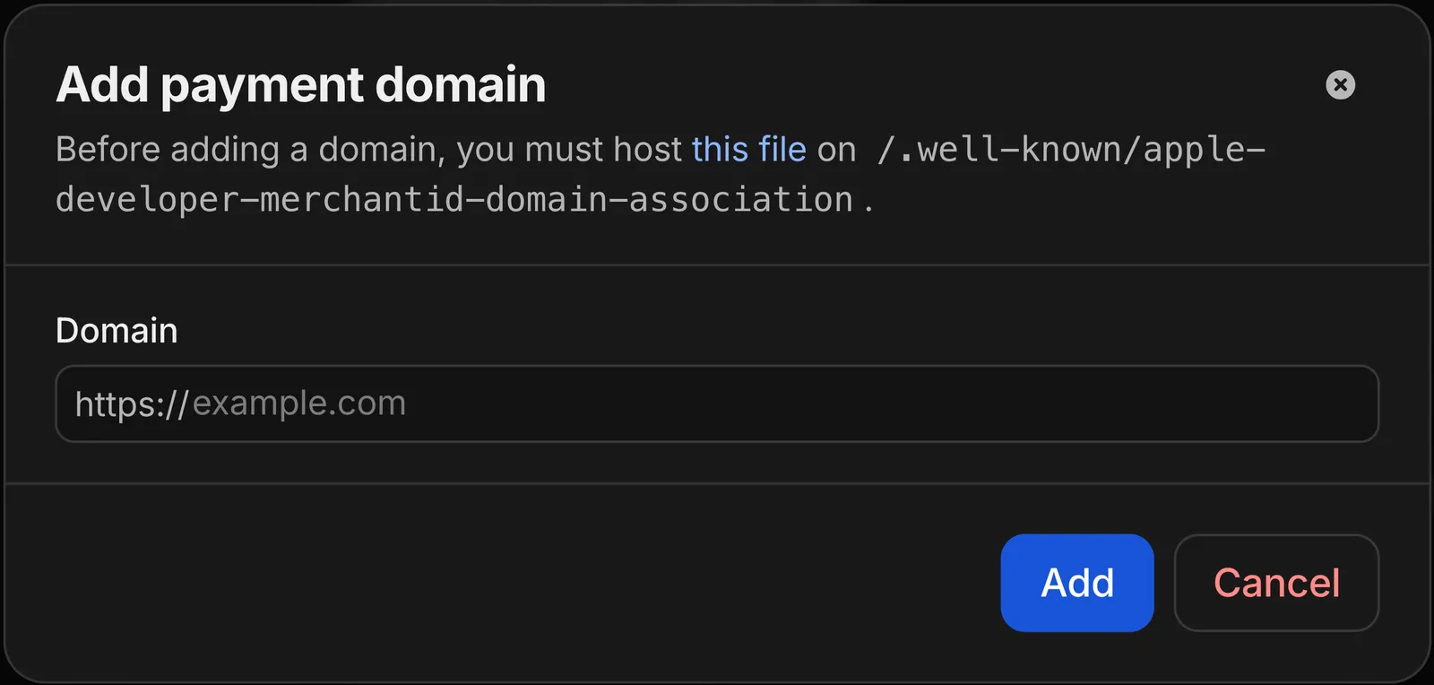 Add domain dialog for self-hosted verification