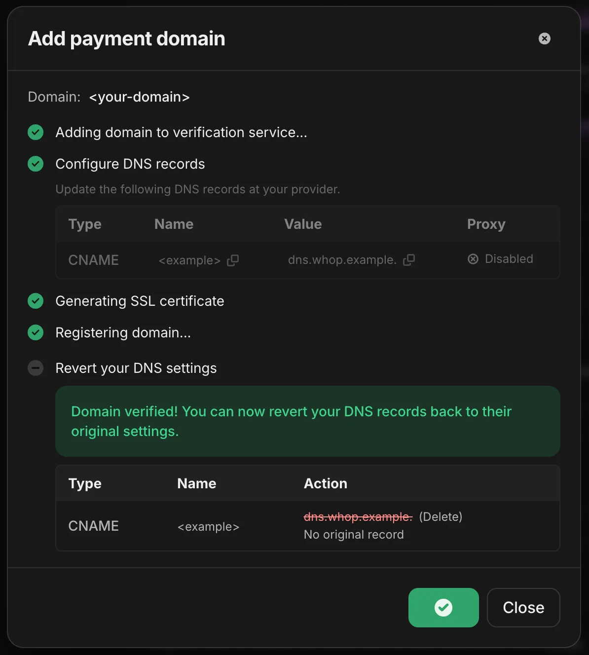 Domain verification complete with revert instructions