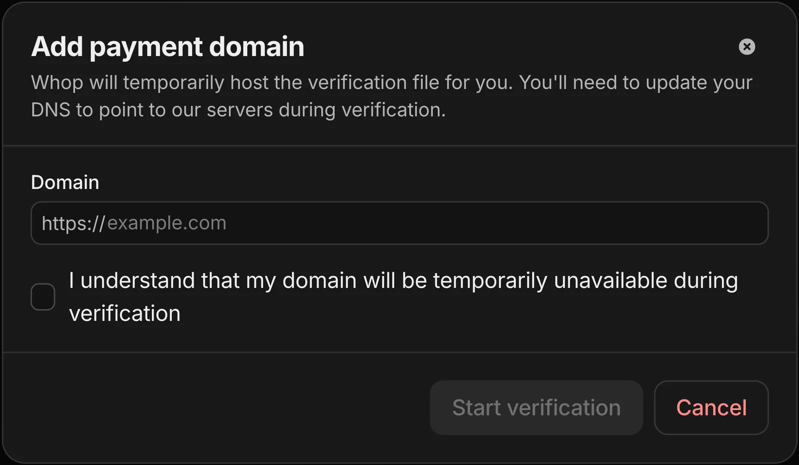 Add domain dialog for Whop-hosted verification
