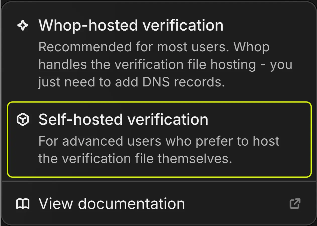 Add domain dropdown menu with self-hosted option