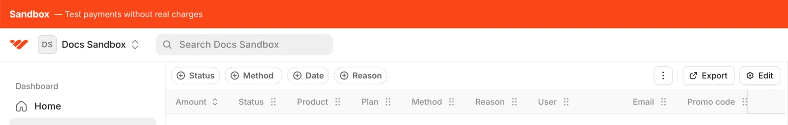 Sandbox dashboard Payments page showing the payments list