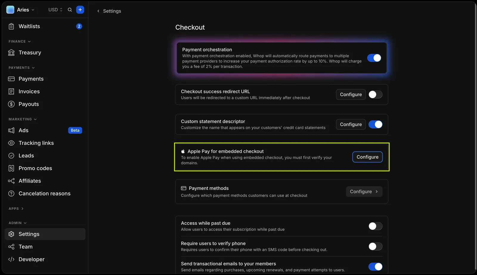 Payment domains settings showing the Configure button
