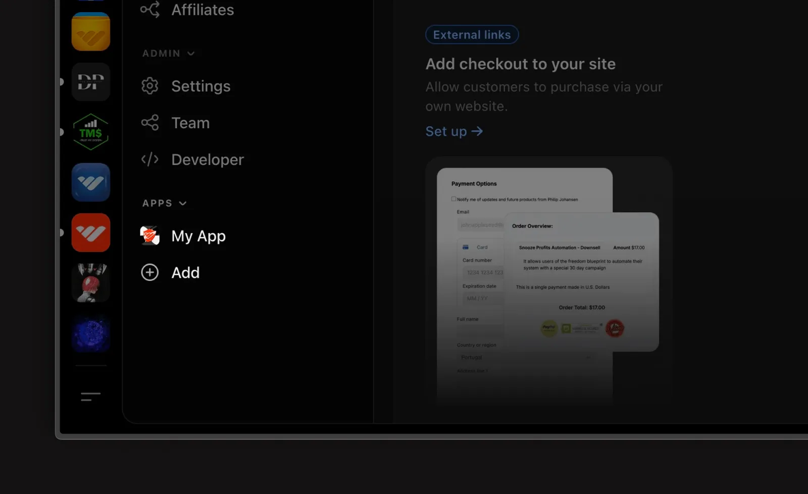 Dashboard Sidebar Apps Section
